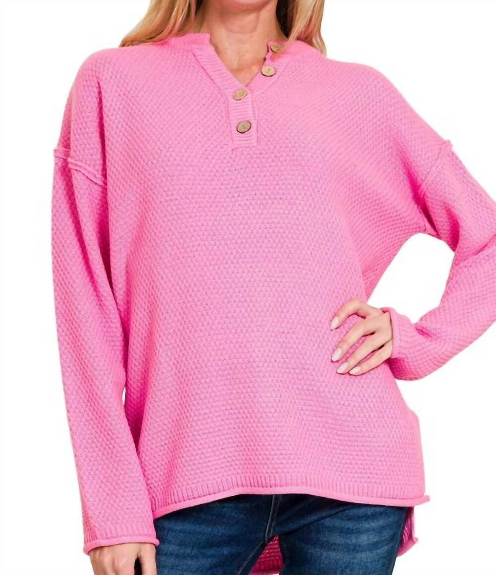 NEW ZENANA henley basic sweater in candy pink